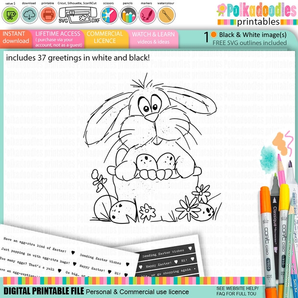 Bunny Surprise Easter Basket - BLACK/WHITE colouring digital stamp for Card Making, Scrapbooking, Junk Journal, svg, craft stickers & planners.