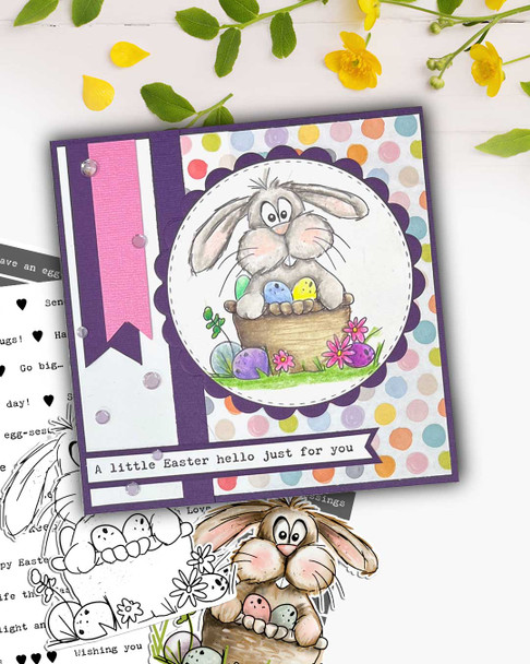 Bunny Surprise Easter Basket - BLACK/WHITE colouring digital stamp for Card Making, Scrapbooking, Junk Journal, svg, craft stickers & planners.