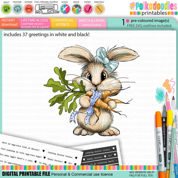 Bunny with carrots - colour printable clipart for Card Making, Scrapbooking, Junk Journal, svg, craft stickers & planners