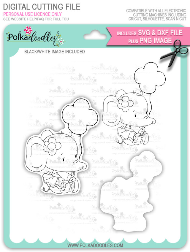 Agnes Elephant Balloon - digi stamp, SVG/DXF Cutting File