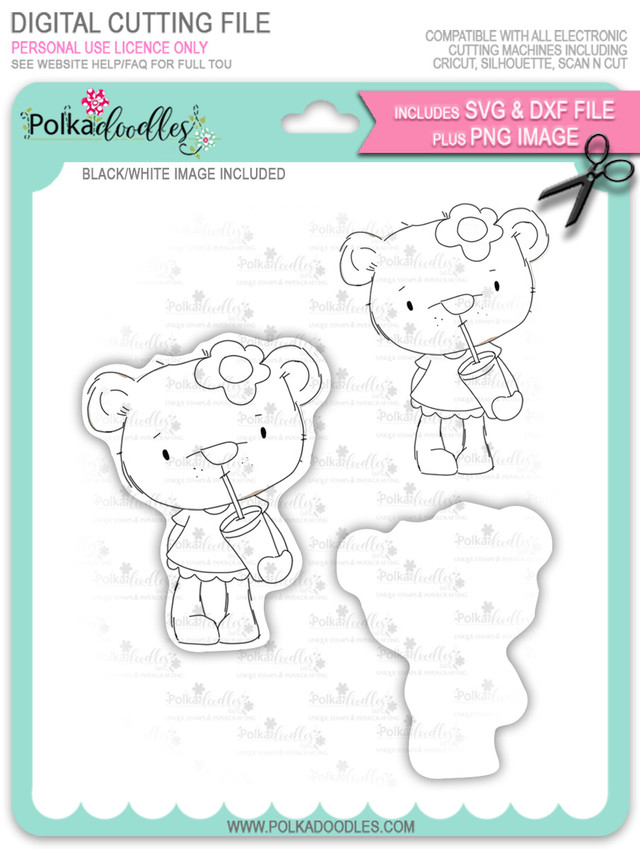 Bella Bear with Milkshake - digi stamp, SVG/DXF Cutting File