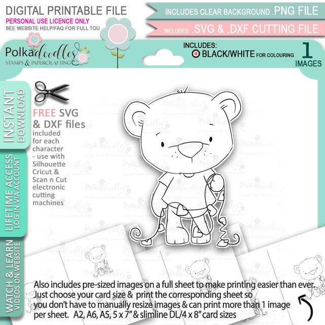 Bobby Bear with Heart Bunting - Too Cute printable craft digital stamp download with free SVG /DXF files