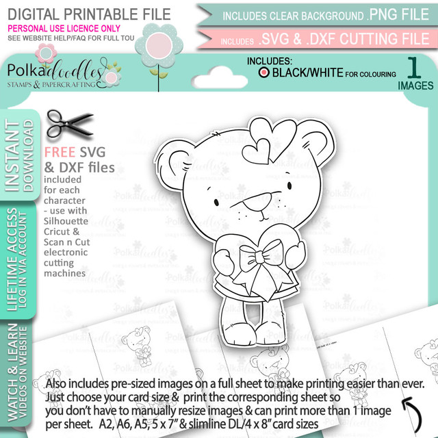 Bella Bear with Heart gift - Too Cute printable craft digital stamp download with free SVG /DXF files