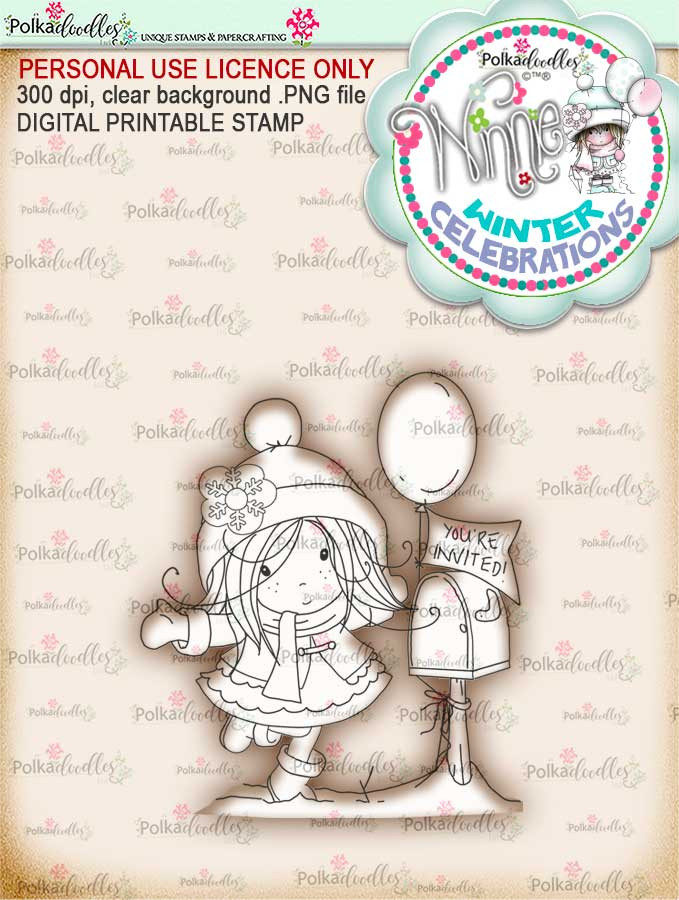 Invitation- Winnie winter celebration digital papercrafting download. We created this gorgeous printable cardmaking digi for all of you who have Winter Birthdays and Celebration handmade cards to create this year! It can be difficult to find a digital stamp which is perfect for a Christmas Holiday Celebration, so try this lovely Winnie Winter Celebrations collection! This is a great digital papercraft and scrapbooking download. Make handmade cards with this cute winter birthday celebration printable digi stamp for downloading and printing at home. Perfect for all those Winter/Holiday/Christmas birthday celebrations you have to make over the winter season.