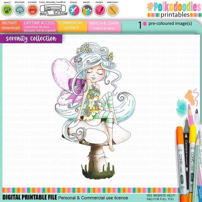 Serenity Fairy Blossom - Digital Crafts, digital Stamp card making printable downloads.