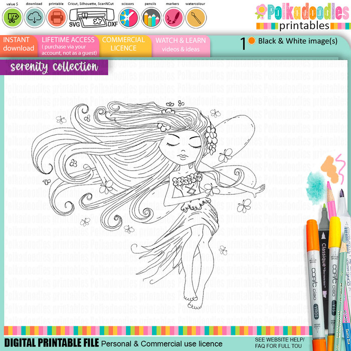 Serenity Fairy Butterfly - Digital Crafts, digital Stamp card making printable downloads.