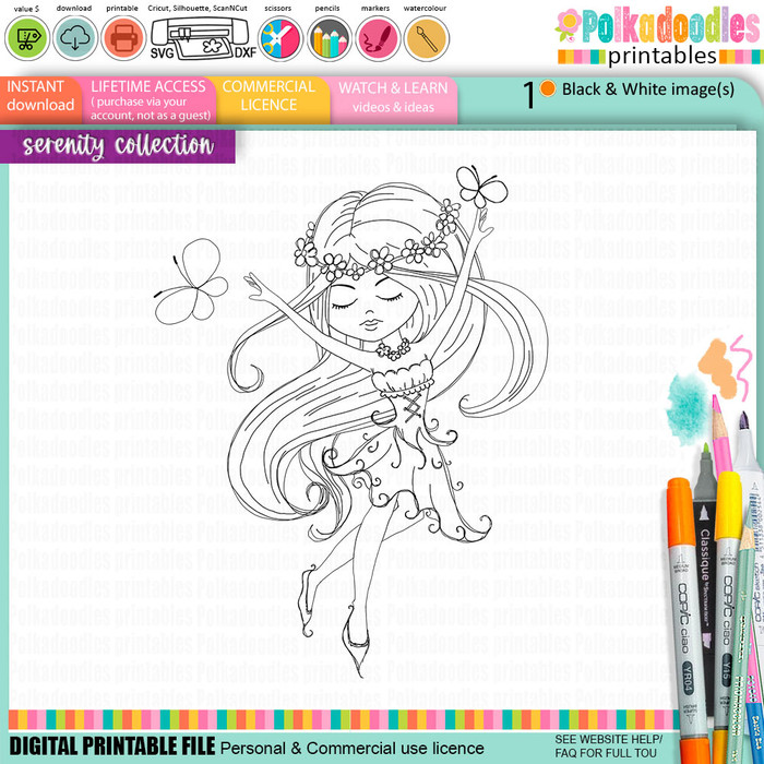 Serenity Fairy Joyful - Digital Crafts, digital Stamp card making printable downloads.