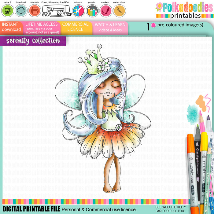 Serenity Fairy Princess - Digital Crafts, digital Stamp card making printable downloads.