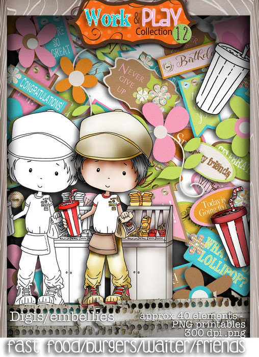Fast Food/Waiter/burger bundle kit - Digital Stamp Craft Scrapbooking Download