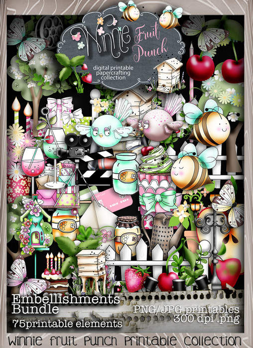 Winnie Fruit Punch Embellies Bundle - Printable Crafting Digital Stamp Craft Scrapbooking Download