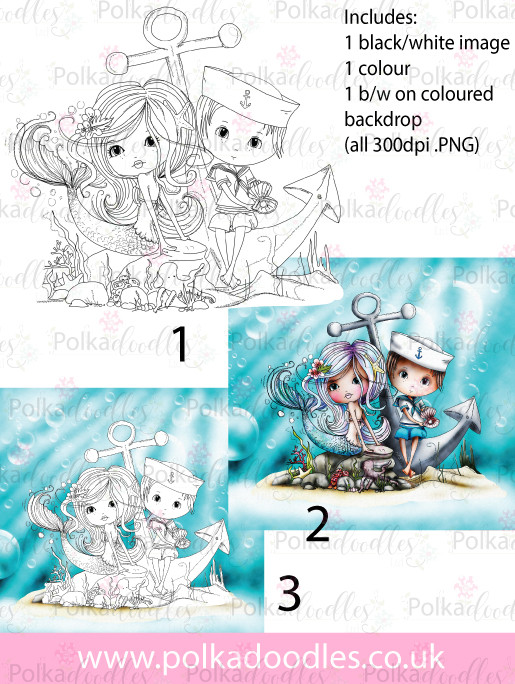 Meribelle Mermaid Hello Sailor.. 3-for-2 digital craft stamp download