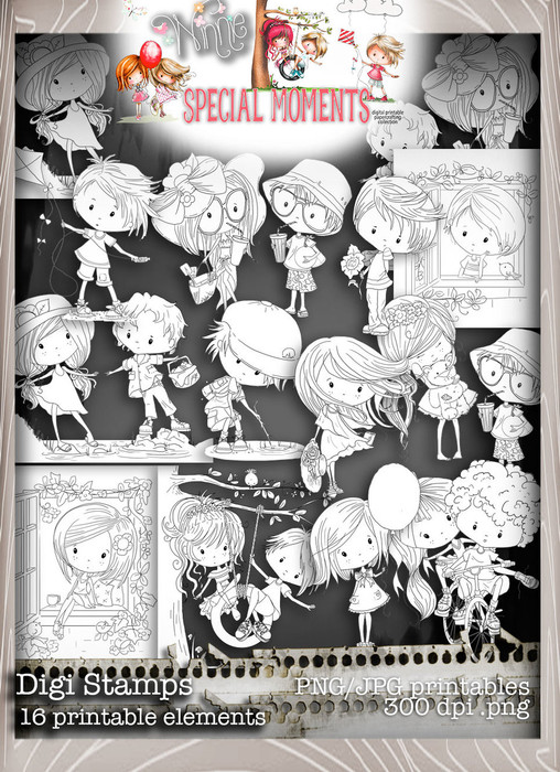 Black and white adult coloring Digital Stamps, incredible value 50% saving - Winnie Special Moments...Craft printable download digital stamps/digi scrap kit