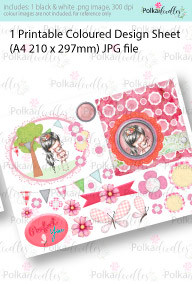 Girl with Teddy Bear friend. Coloured Card making Design Sheet - Winnie Special Moments...Craft printable download digital stamps/digi scrap kit