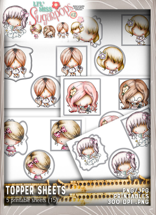 5 sheets of Topper sheets (5 sheets x 3 per sheet) - Lil Miss Sugarpops Kit 2...Craft printable download digital stamps/digi scrap kit