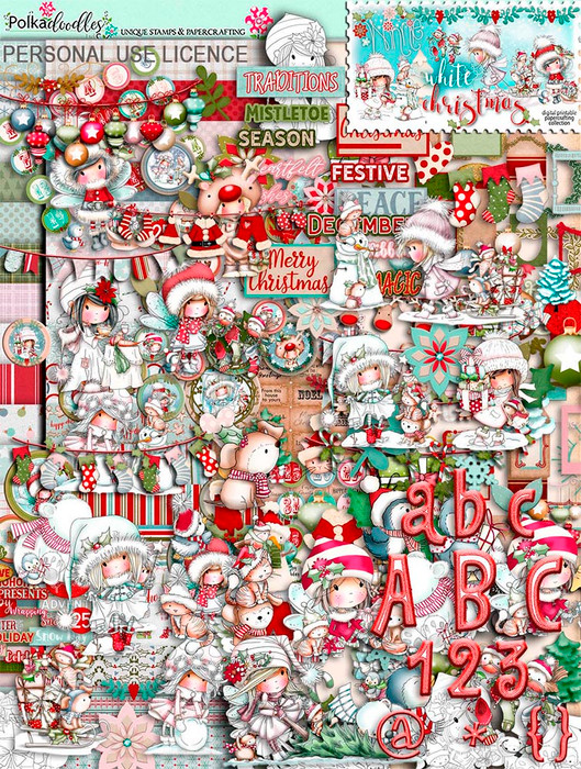 Winnie White Christmas printables on USB. Over 53650 printable digital images for crafting and digital scrapbooking featuring Winnie - an adorable nostalgic girl character. Beautiful digital stamp downloads in black and white, colour, printable papers, coloured toppers, design sheets, embellishments, word art and more, all themed in beautiful snowy scenes with Winnie's Snowy friends, Rudolph, Kitty Cat, Sparkles the Unicorn, Snowy Dog, Polar Bear Henry and her fab penguin friends. Make adorable Christmas Cards, scrapbook pages and journals - make everything you need this Christmas time.