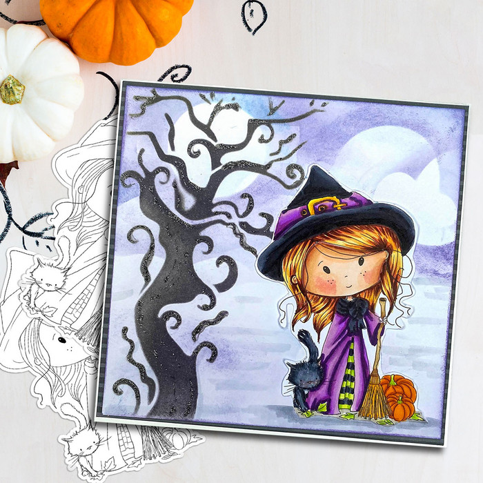 Winnie Wednesday Witch & Cat - Halloween Autumn digital stamp printable craft download for card making, stickers, scrapbook, junk journals