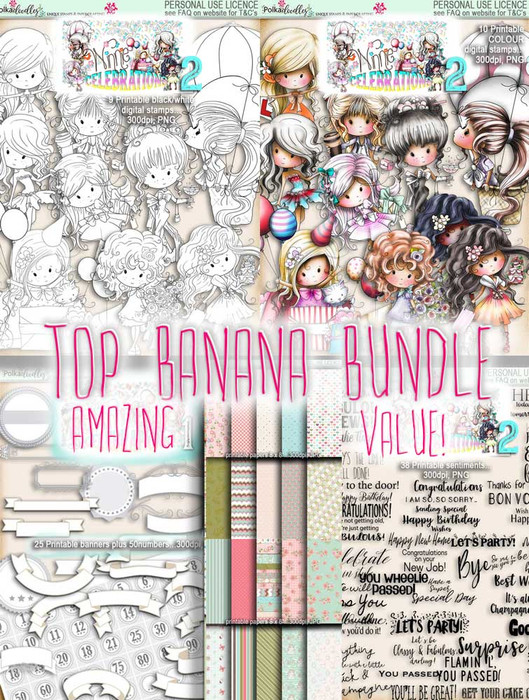 Winnie Celebrations 2...Top Banana bundle, mega value kit of digi stamps, papers, sentiments, banners & numbers printable downloads