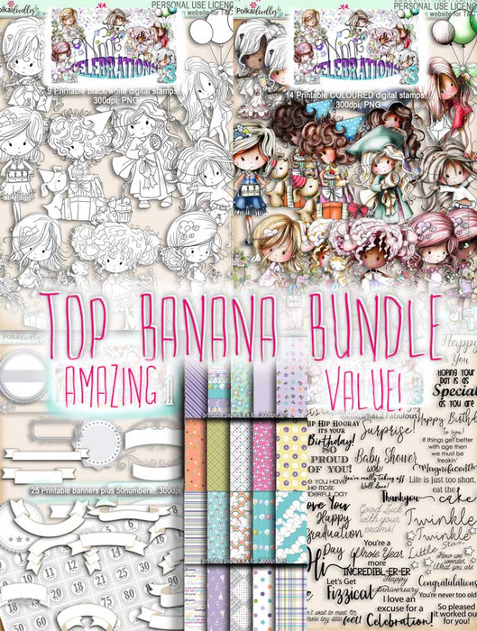 Winnie Celebrations 3...Top Banana bundle, mega value kit of digi stamps, papers, sentiments, banners & numbers printable downloads