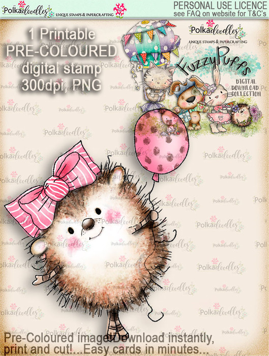 Earlie Hedgehog Balloon - Fuzzypuffs COLOUR digi stamp printable download