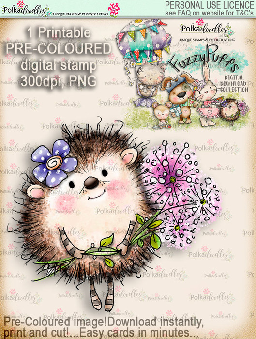 Earlie Hedgehog Dandelion - Fuzzypuffs COLOUR digi stamp printable download