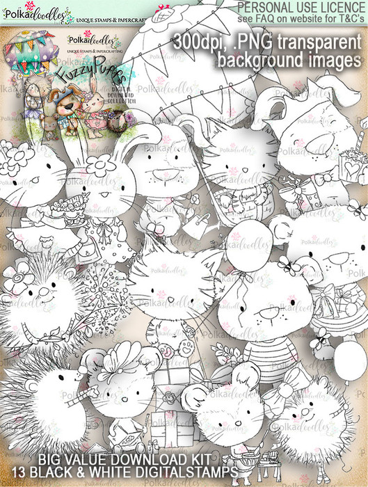 Fuzzypuffs BLACK & WHITE digi stamp BIG VALUE download kit