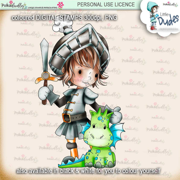 Knight & Dragon - PRECOLOURED - Little Dudes digi stamp printable download
