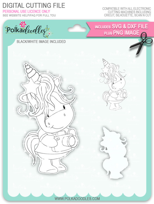 Camera Shy 2 - Sparkle Unicorn digi stamp download with Cutting File