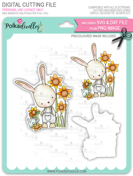 Gil bunny Rabbit Growing Sunflowers - Precoloured digi stamp/with SVG/DXF Cutting File