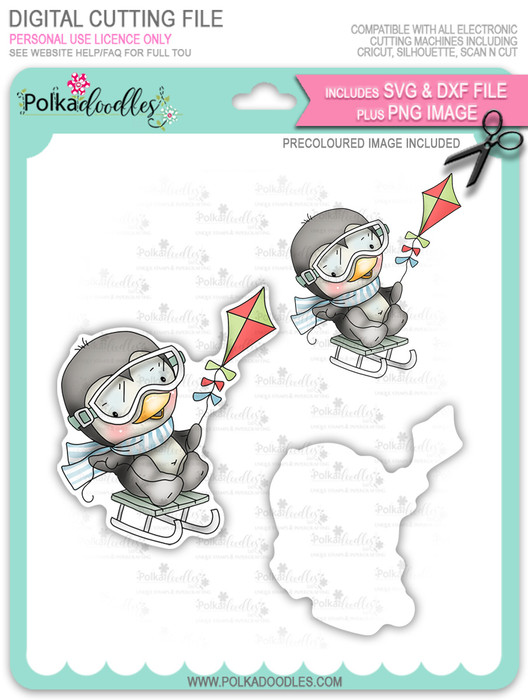 Waddy Penguin with Snowkite - Precoloured digi stamp/with SVG/DXF Cutting File