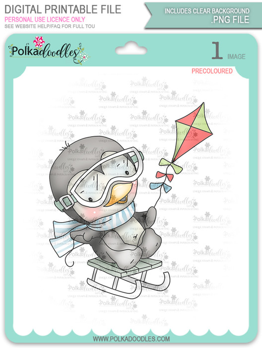 Waddy Penguin with Snowkite - Precoloured digi stamp