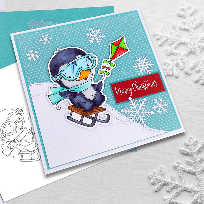 Waddy Penguin with Snowkite - Precoloured digi stamp
