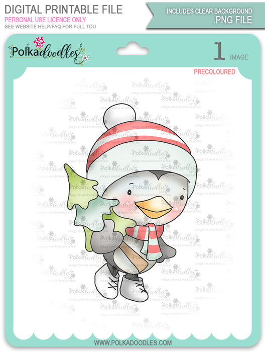 Waddy Penguin with Christmas Tree - Precoloured digi stamp