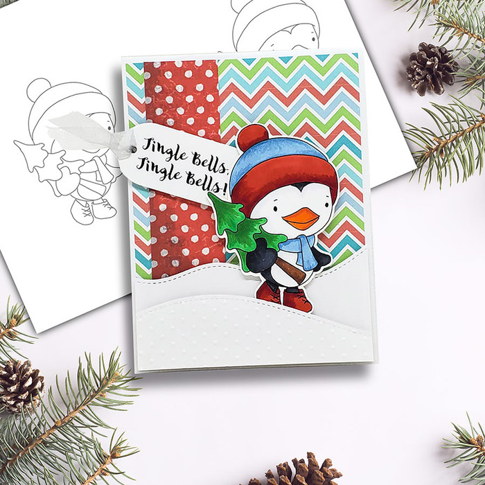 Waddy Penguin with Christmas Tree - Precoloured digi stamp