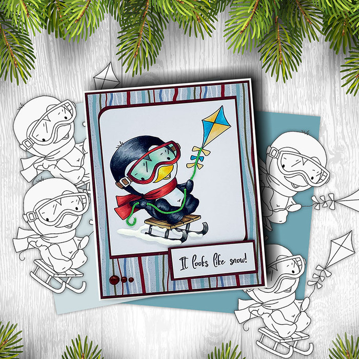 Waddy Penguin with Snowkite - digi stamp