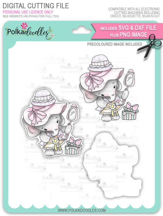Agnes Elephant Hat Shopping - Precoloured digi stamp, SVG/DXF Cutting File