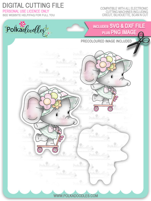 Agnes Elephant Scooter - Precoloured digi stamp, SVG/DXF Cutting File