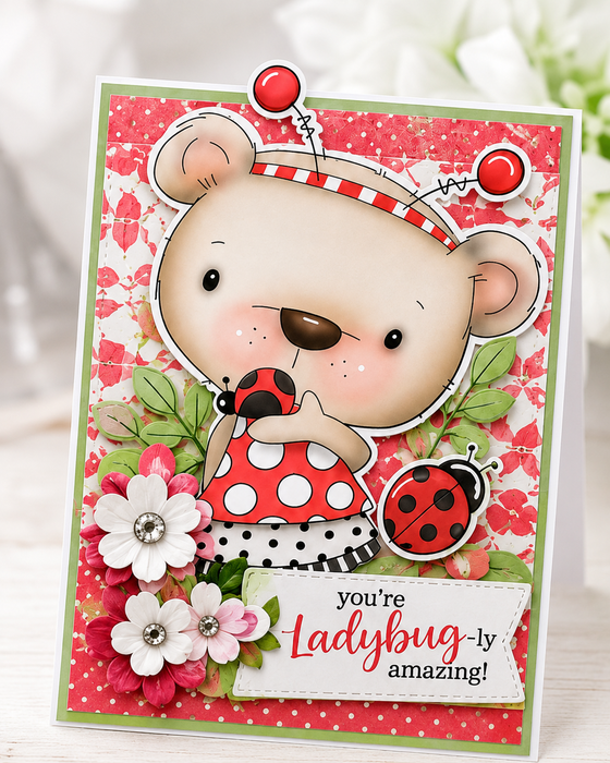 Bella Bear Ladybug - Precoloured digi stamp, SVG/DXF Cutting File