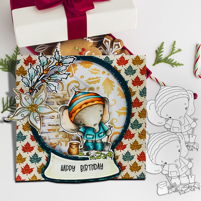 Eli Elephant Clearing Leaves - Christmas Holiday Too Cute digital stamp download including SVG file