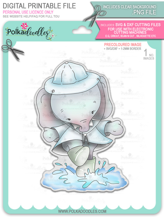 Eli Elephant Splashing Puddles - precoloured Christmas Holiday Too Cute digital stamp download including SVG file