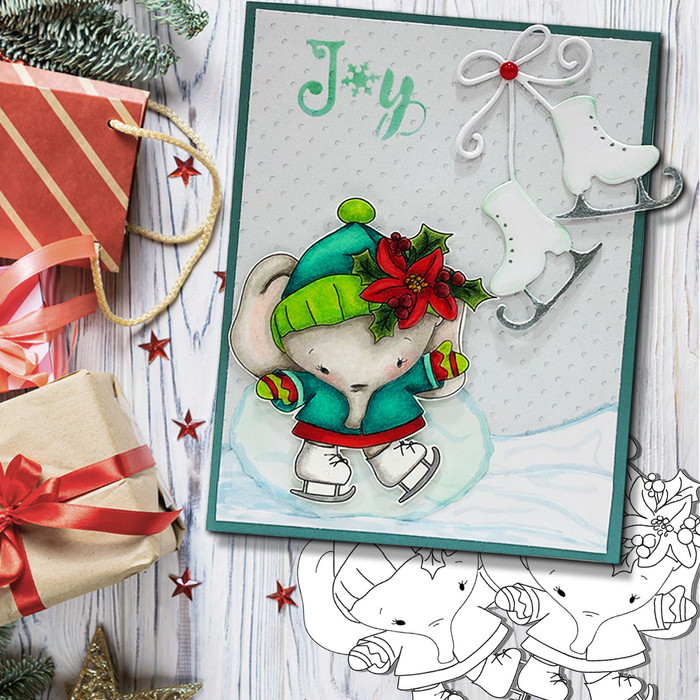 Agnes Elephant Ice Skating - Christmas Holiday Too Cute digital stamp download including SVG file