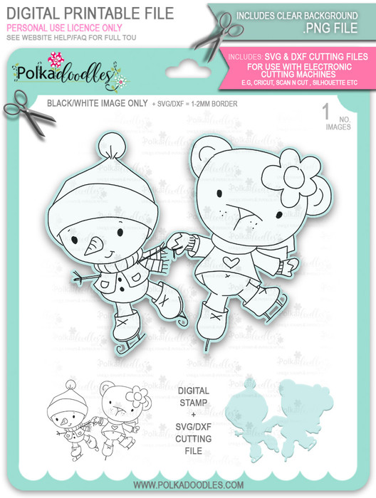 Ice Skating Snowman & Bear Too Cute digital stamp download including SVG file