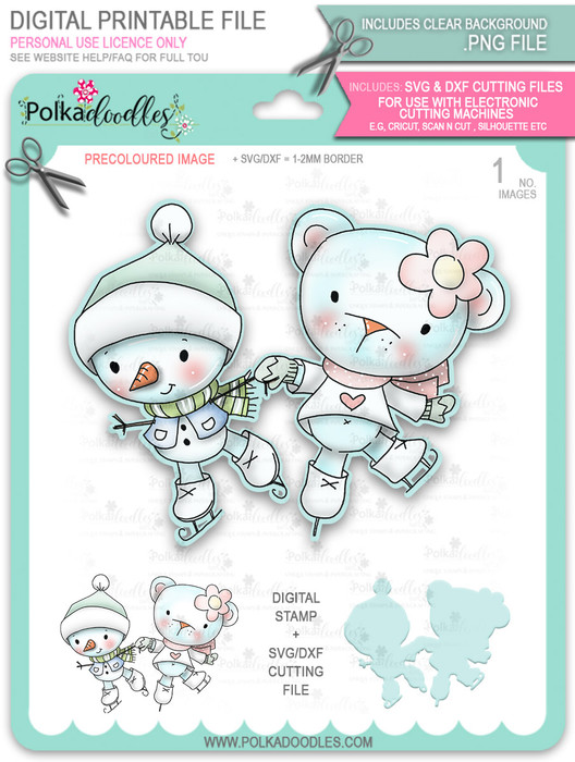 Ice Skating Snowman & Bear PRECOLOURED Too Cute digital stamp download including SVG file