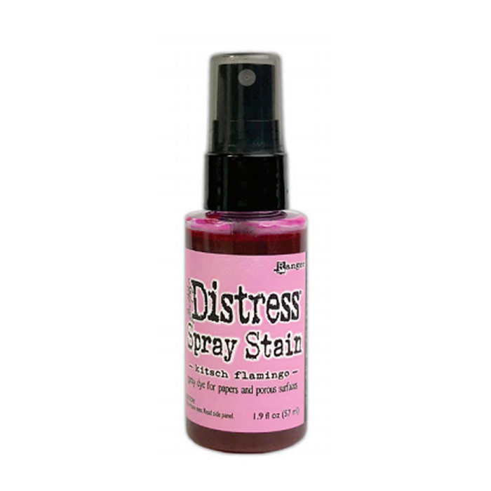 Kitsch Flamingo  Distress Stain Spray ink - Tim Holtz.  Spray directly on porous surfaces for quick, easy ink coverage. Mist with water to blend color and create mottled effects. Spray through stencils, layer colors, spritz with water and watch the color mix & blend. Spray Stains coordinate with the Distress palette of products.