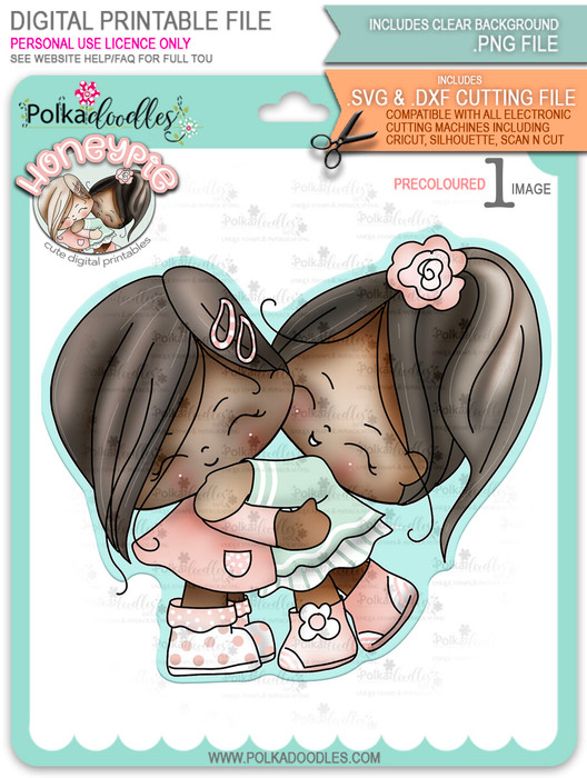 Honeypie Best Friends - deep skin/hair - precoloured digital stamp printable download with free SVG /DXF file included