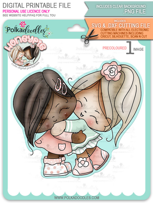 Honeypie Best Friends/Giving Hugs v1 - precoloured digital stamp printable download with free SVG /DXF file included