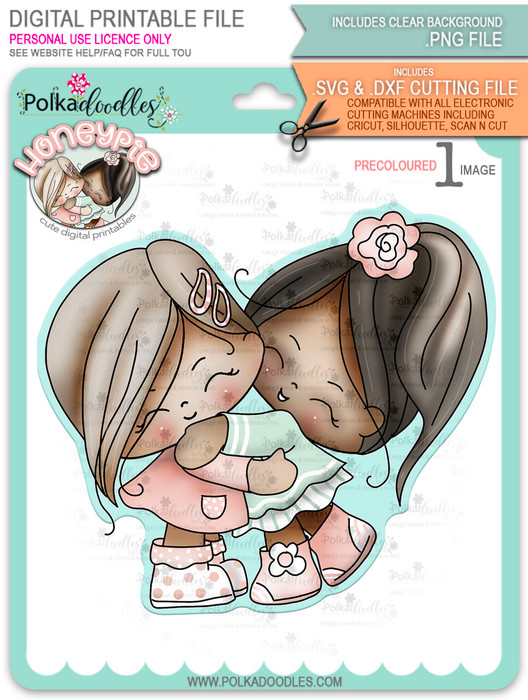 Honeypie Best Friends/Giving Hugs v2 - precoloured digital stamp printable download with free SVG /DXF file included