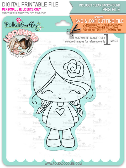 Honeypie Cutiepie - black/white digital stamp printable download with free SVG /DXF file included
