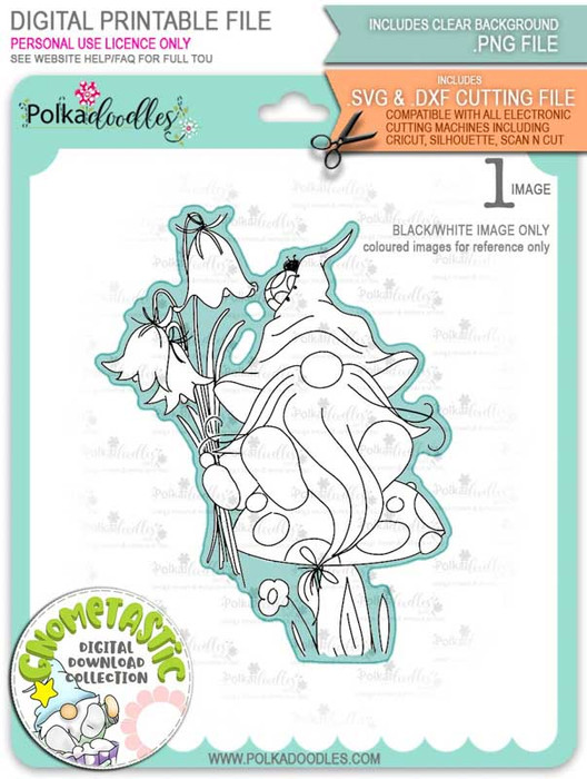 Gnometastic Bluebells - light skin PRECOLOURED digital stamp printable download with free SVG /DXF file included