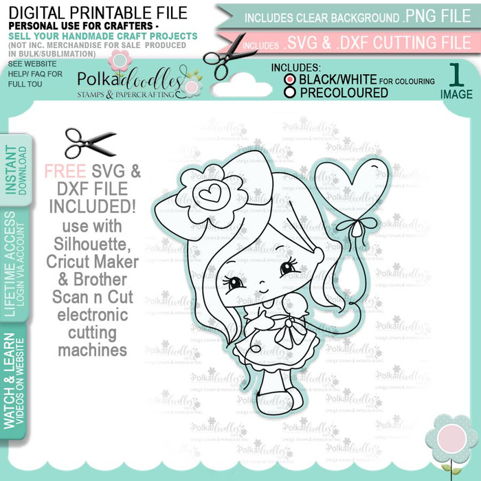 Sweet Heart Balloons - Honeypie (black & white digi stamp)- printable downloads with free SVG /DXF files