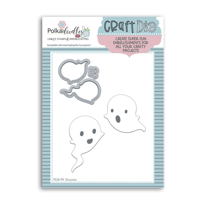 Cute Ghost Halloween craft cutting die set for card making, scrapbooking, crafts. This great die features 2 super cute Halloween ghosts - perfect for all those spooky craft projects! Dies measure approx 2"
